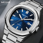 MEGIR 1084 women's watch, navy blue grooved dial and octagonal bezel on a silver-tone bracelet, front view