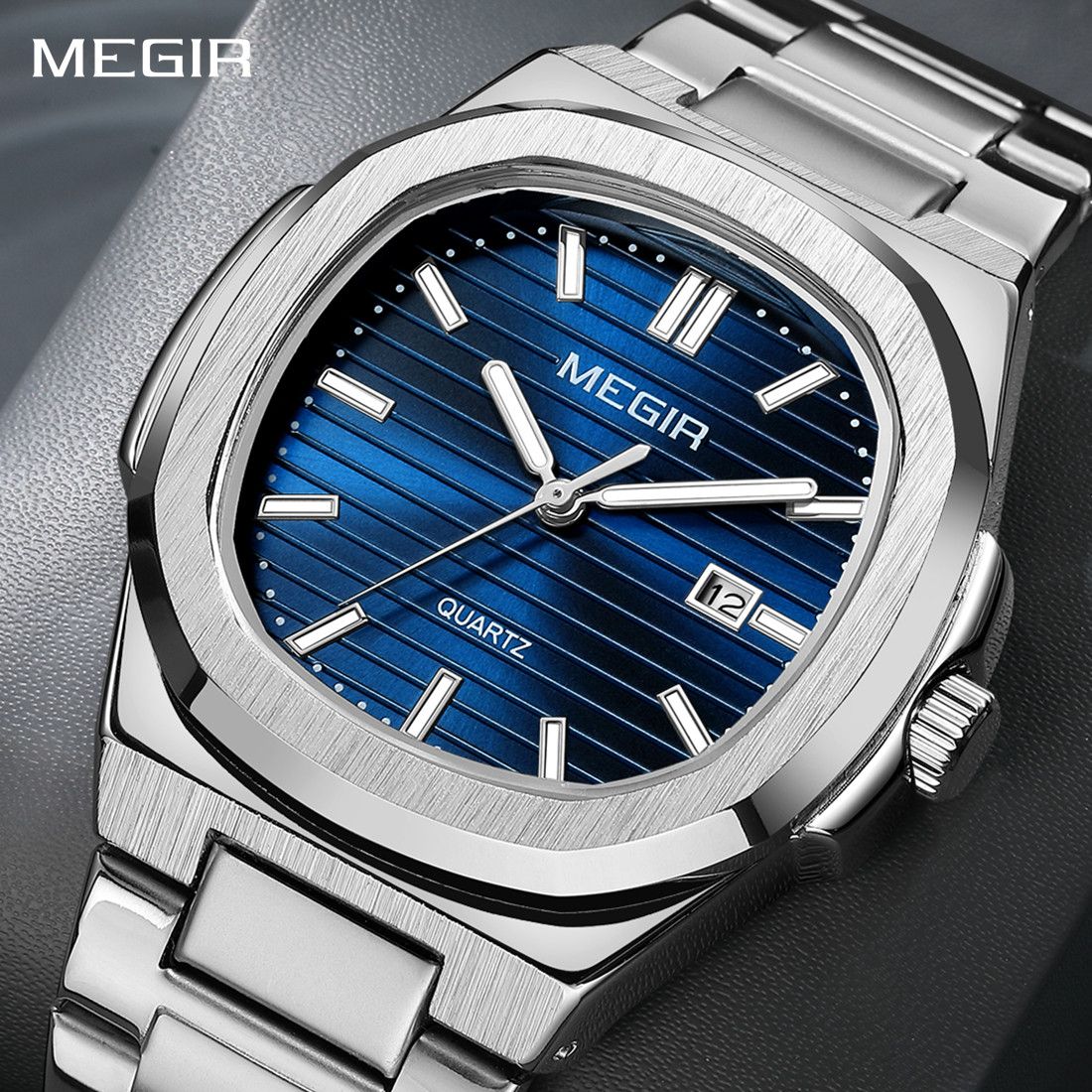 MEGIR 1084 women's watch, navy blue grooved dial and octagonal bezel on a silver-tone bracelet, front view