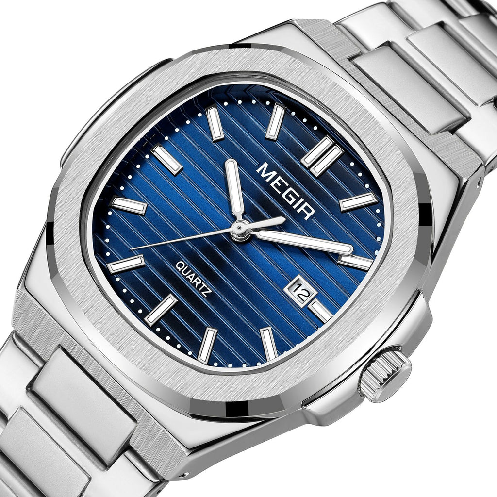 MEGIR 1084 women's watch, navy blue grooved dial and octagonal bezel on a silver-tone bracelet, three-quarter view