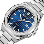 MEGIR 1084 women's watch, navy blue grooved dial and octagonal bezel on a silver-tone bracelet, three-quarter view
