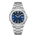 MEGIR 1084 women's watch, navy blue grooved dial and octagonal bezel on a silver-tone bracelet, front studio view