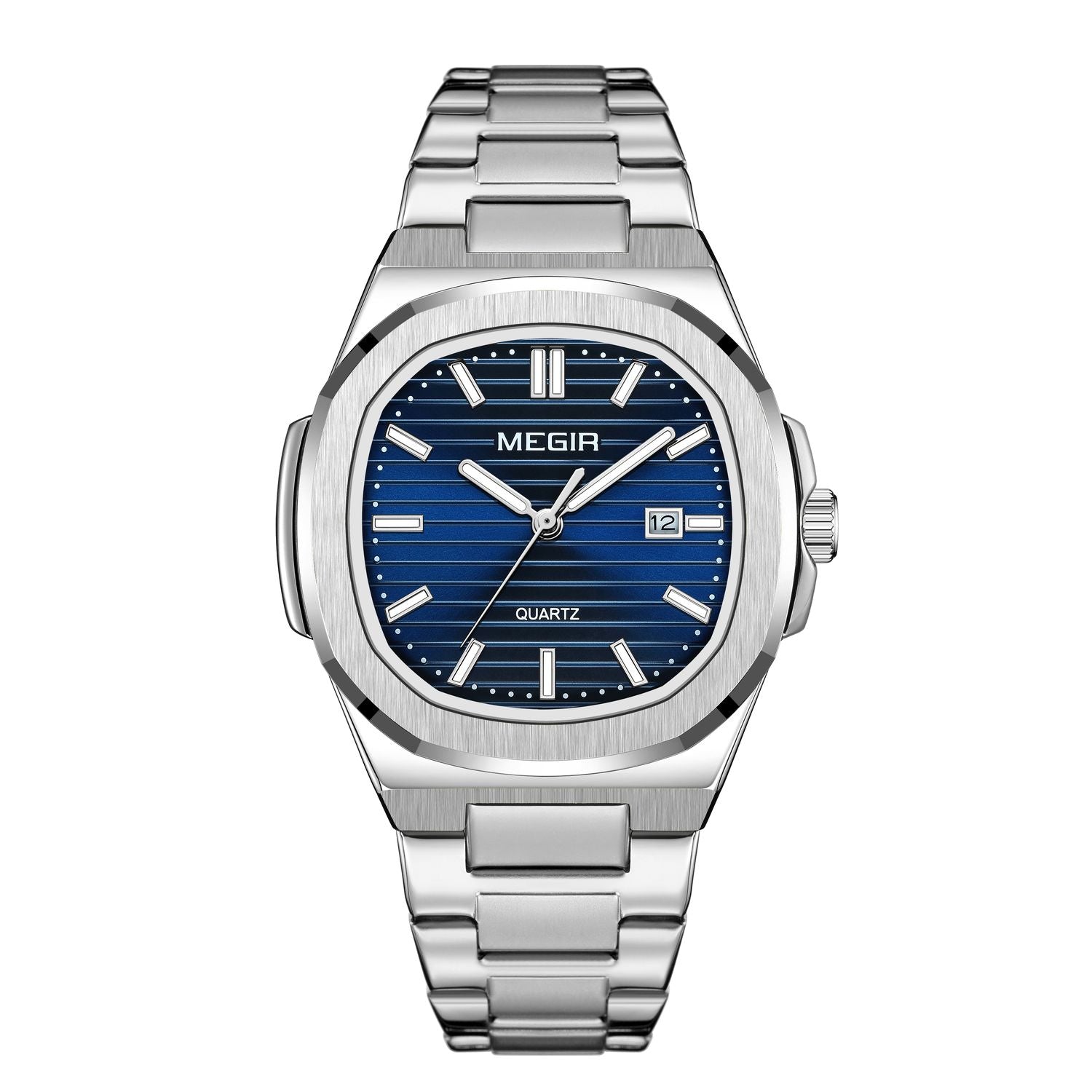 MEGIR 1084 women's watch, navy blue grooved dial and octagonal bezel on a silver-tone bracelet, front studio view