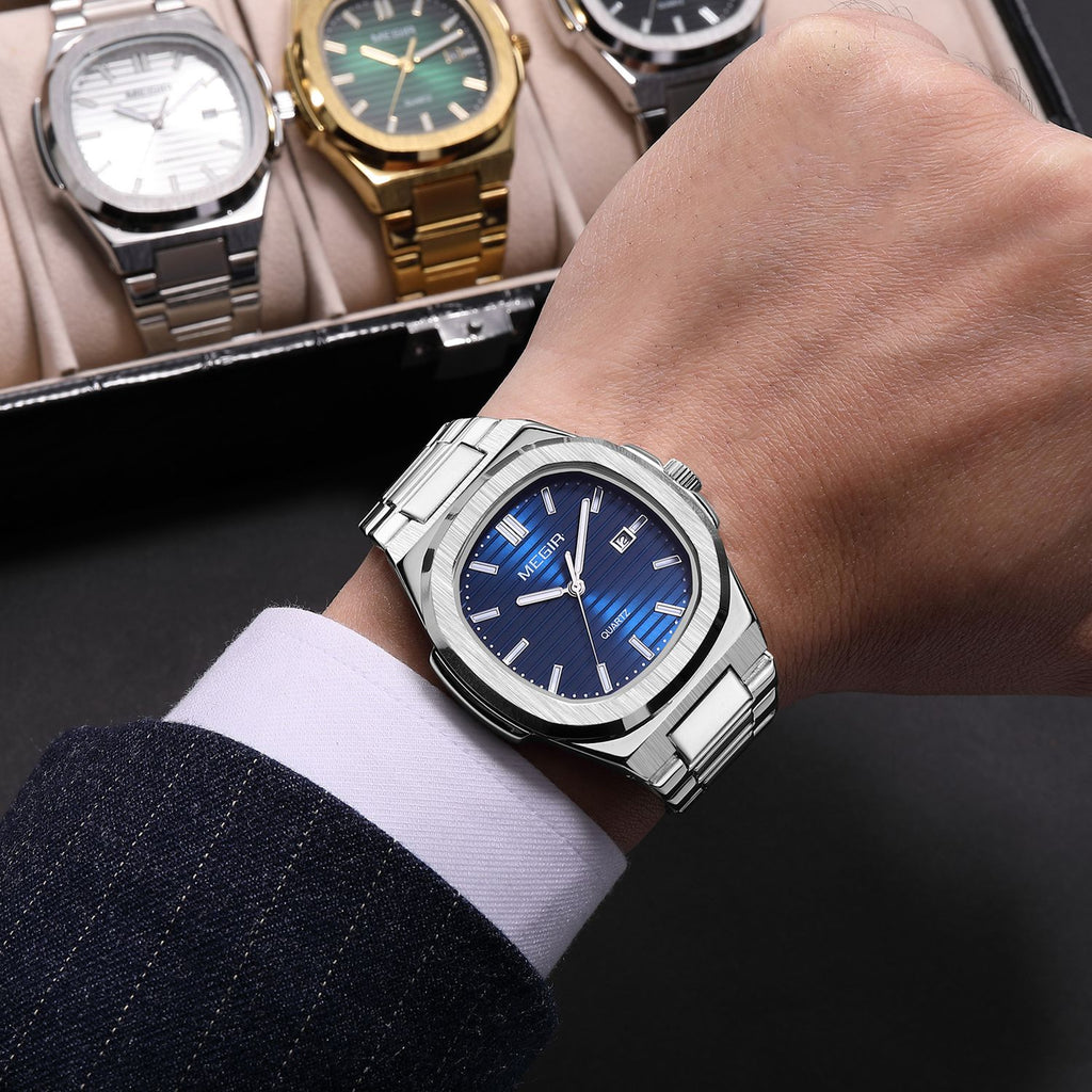 MEGIR 1084 women's watch on the wrist, navy blue grooved dial and octagonal bezel on a silver-tone bracelet