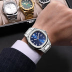 MEGIR 1084 women's watch on the wrist, navy blue grooved dial and octagonal bezel on a silver-tone bracelet