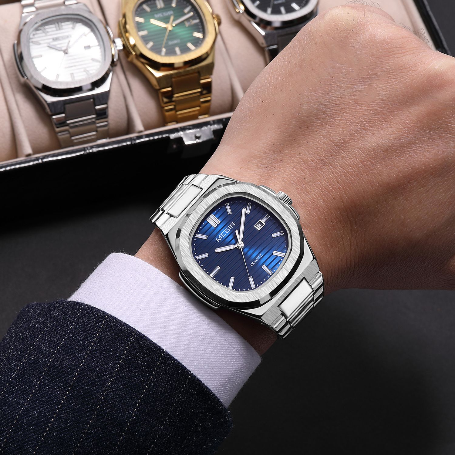 MEGIR 1084 women's watch on the wrist, navy blue grooved dial and octagonal bezel on a silver-tone bracelet