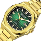 MEGIR 1084 women's watch, green grooved dial and octagonal bezel on a gold-tone bracelet, three-quarter view