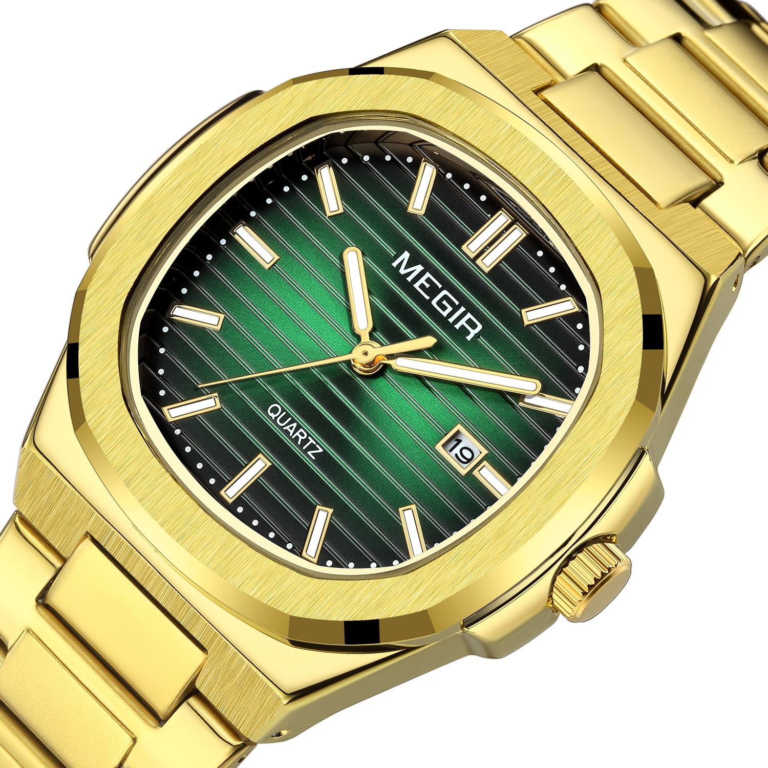 MEGIR 1084 women's watch, green grooved dial and octagonal bezel on a gold-tone bracelet, three-quarter view
