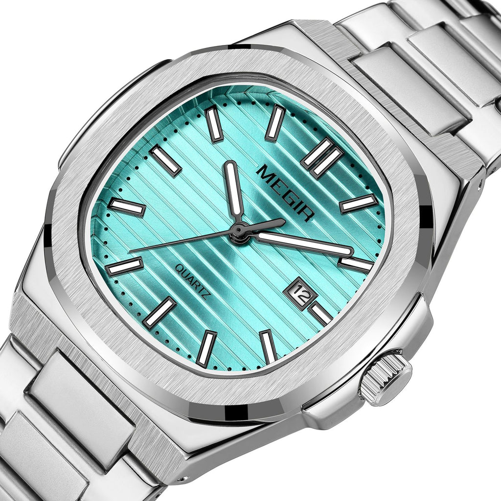 MEGIR 1084 women's watch, turquoise grooved dial and octagonal bezel on a silver-tone bracelet, three-quarter view