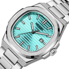 MEGIR 1084 women's watch, turquoise grooved dial and octagonal bezel on a silver-tone bracelet, three-quarter view