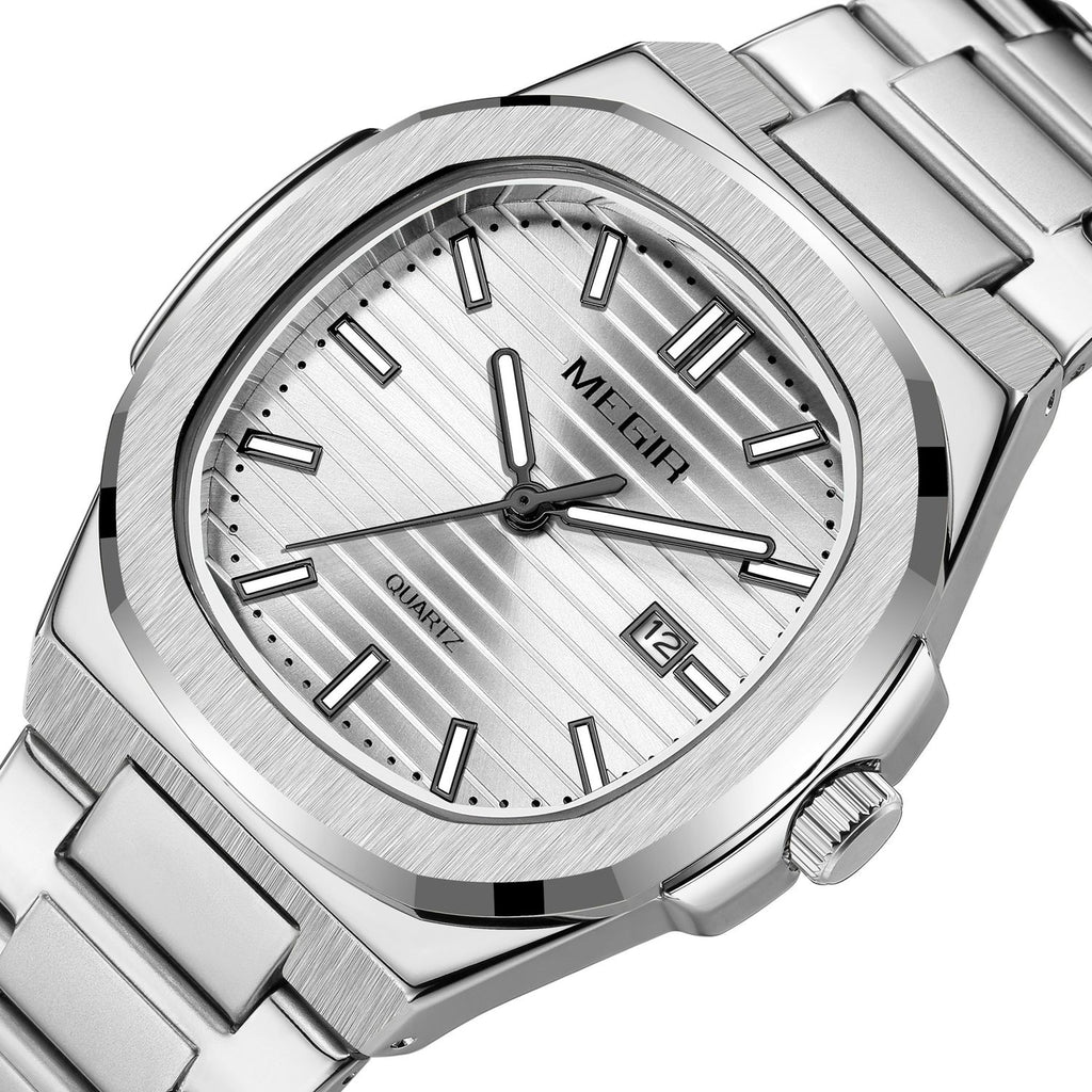 MEGIR 1084 women's watch, white grooved dial and octagonal bezel on a silver-tone bracelet, three-quarter view