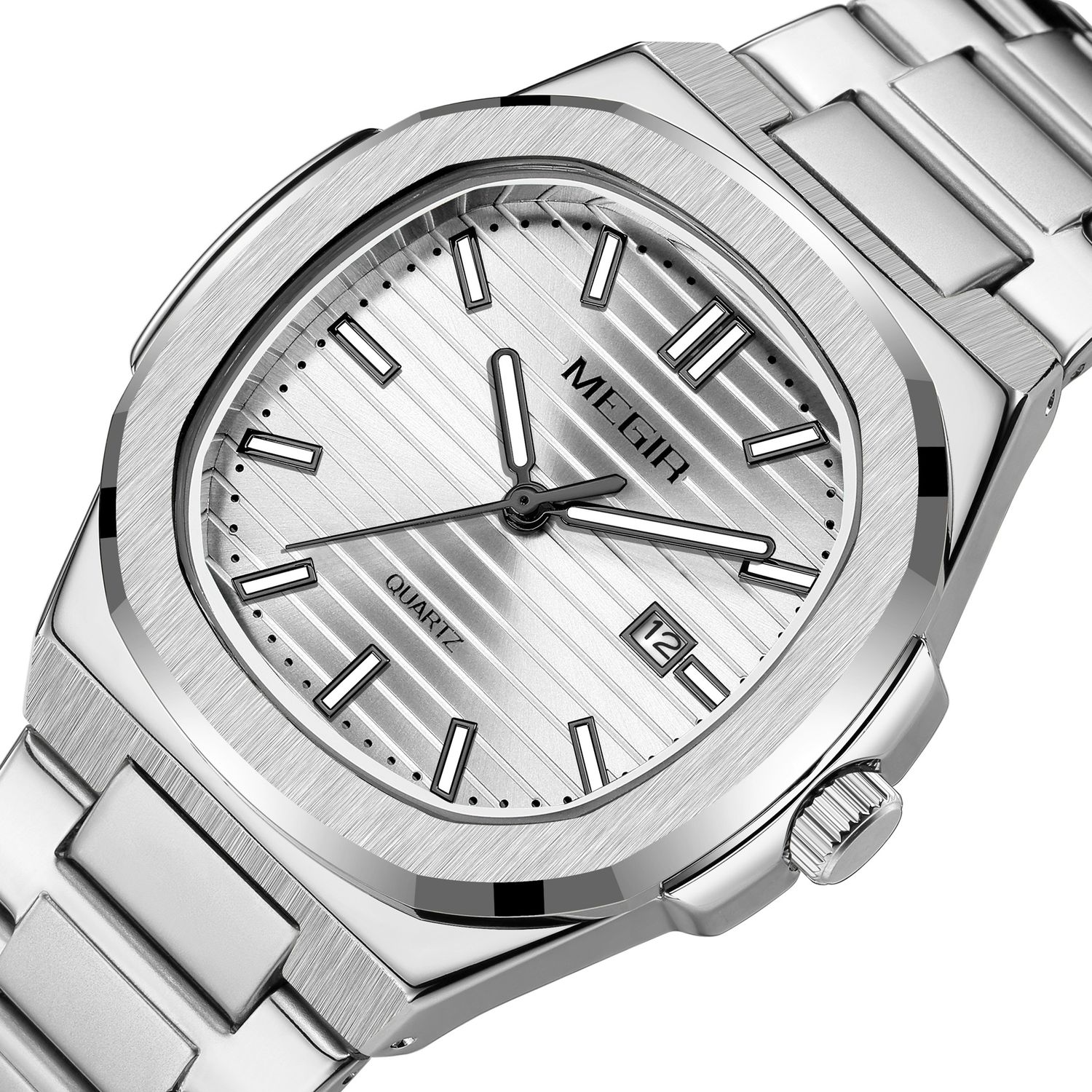 MEGIR 1084 women's watch, white grooved dial and octagonal bezel on a silver-tone bracelet, three-quarter view