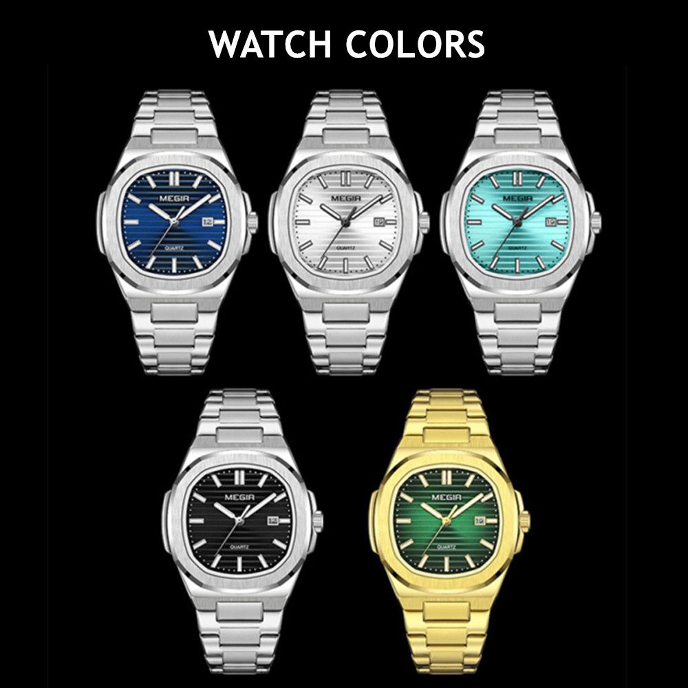 MEGIR 1084 women's watch color range in navy, white, turquoise and black dials on steel plus green on gold