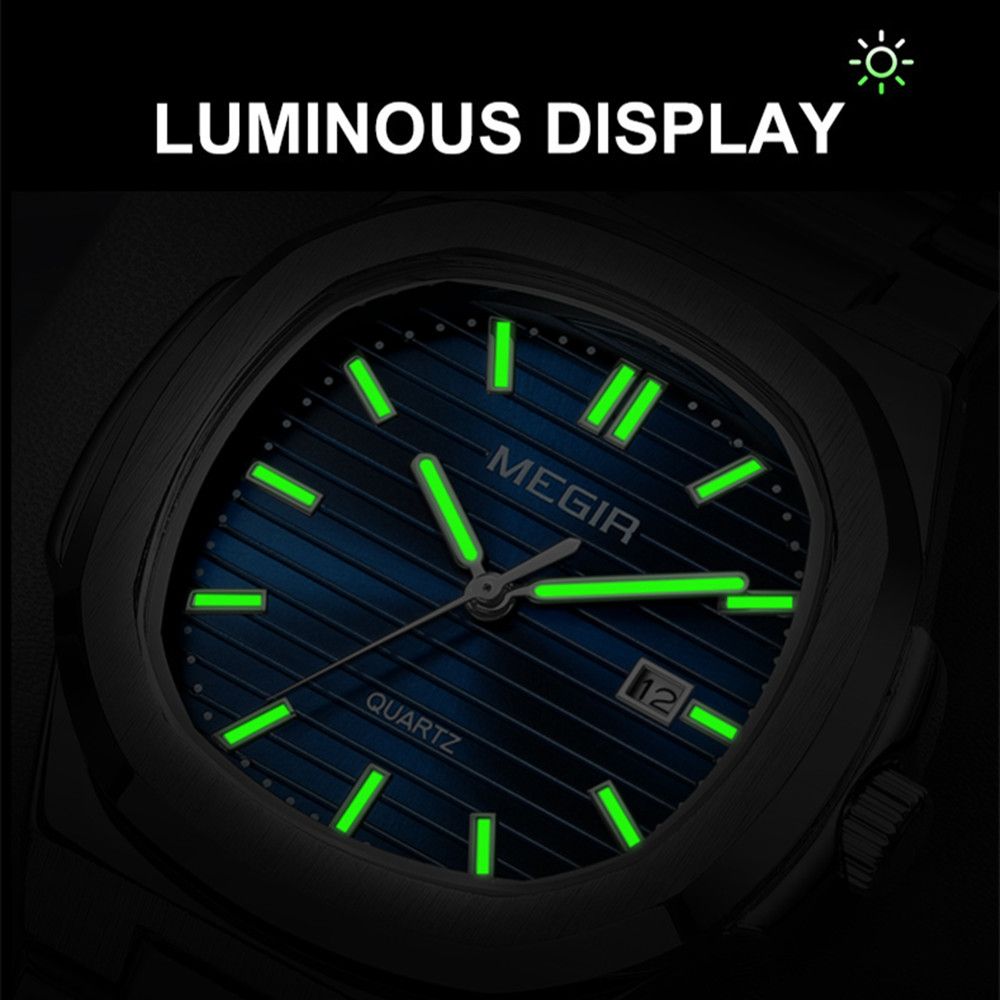 MEGIR 1084 women's watch feature graphic showing luminous hands and markers glowing in the dark