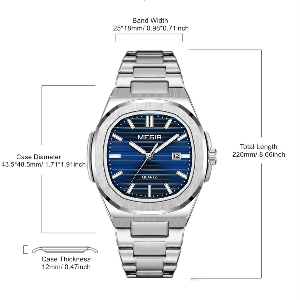 MEGIR 1084 women's watch product size graphic with case, band and thickness dimensions