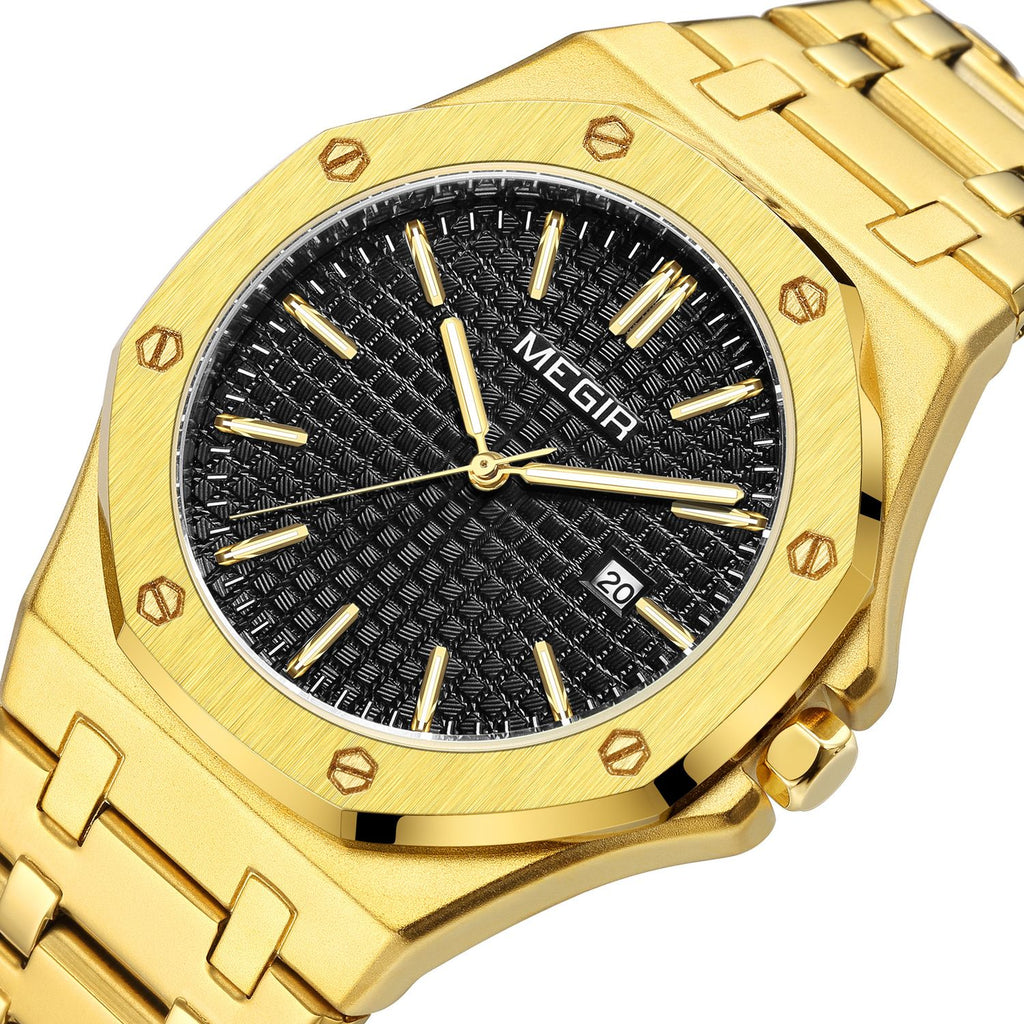 MEGIR 1085 men's watch, black textured dial and octagonal bezel on a gold-tone bracelet, three-quarter view