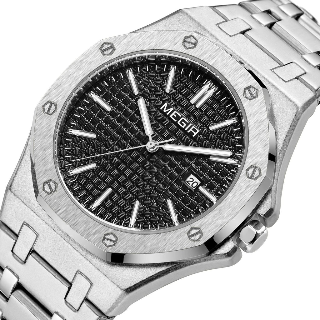 MEGIR 1085 men's watch, black textured dial and octagonal bezel on a silver-tone bracelet, three-quarter view