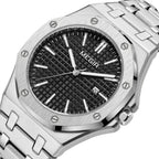MEGIR 1085 men's watch, black textured dial and octagonal bezel on a silver-tone bracelet, three-quarter view