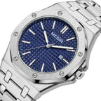 MEGIR 1085 men's watch, blue textured dial and octagonal bezel on a silver-tone bracelet, three-quarter view