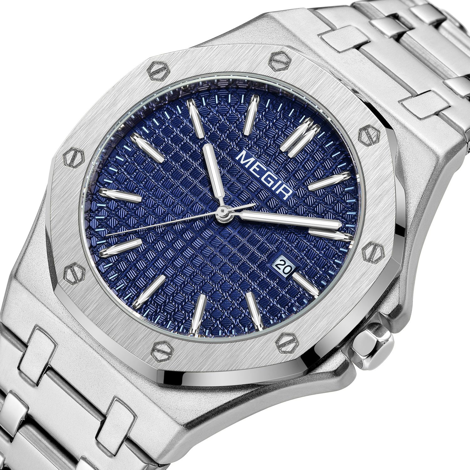 MEGIR 1085 men's watch, blue textured dial and octagonal bezel on a silver-tone bracelet, three-quarter view