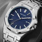 MEGIR 1085 men's watch, blue textured dial and octagonal bezel on a silver-tone bracelet, angled view