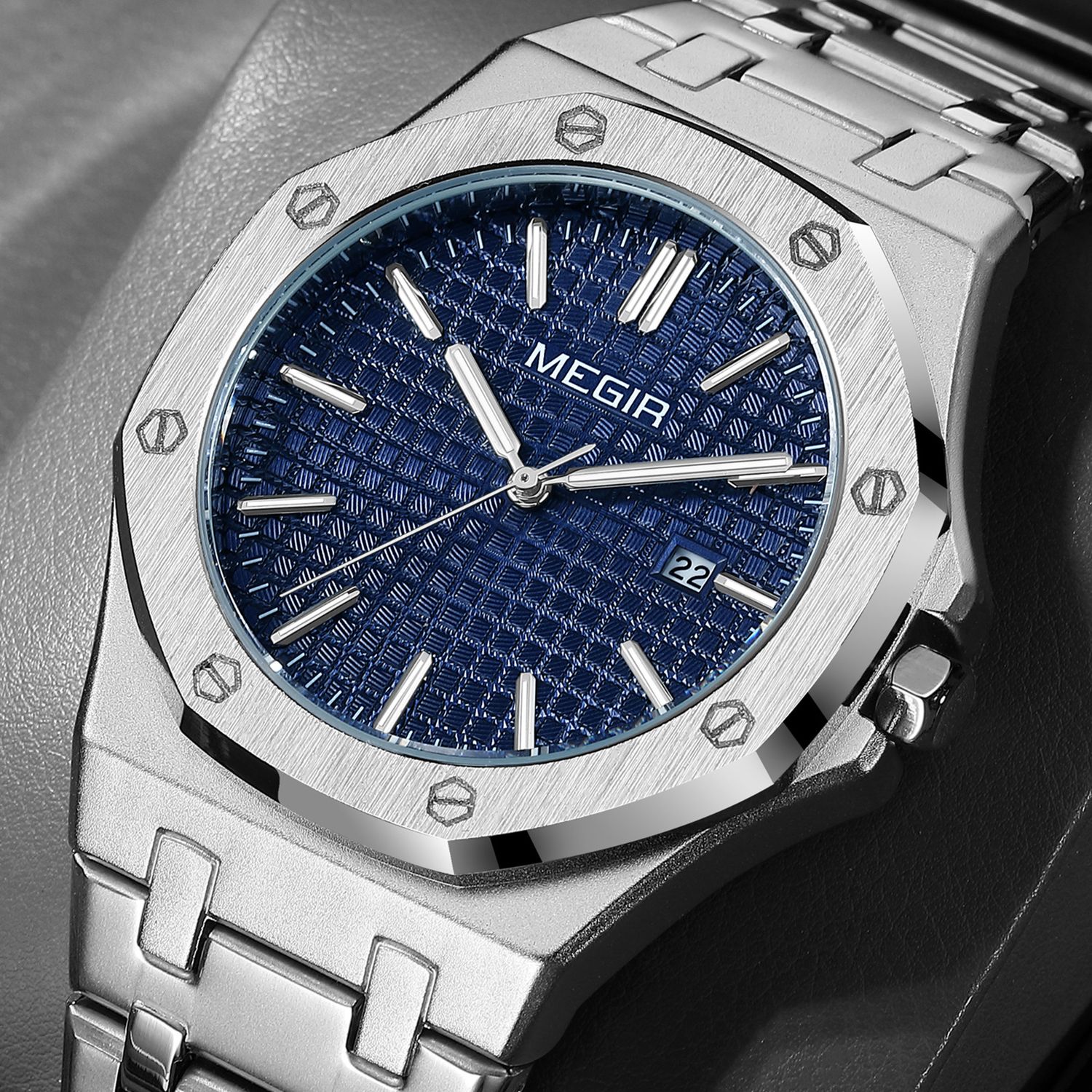 MEGIR 1085 men's watch, blue textured dial and octagonal bezel on a silver-tone bracelet, angled view