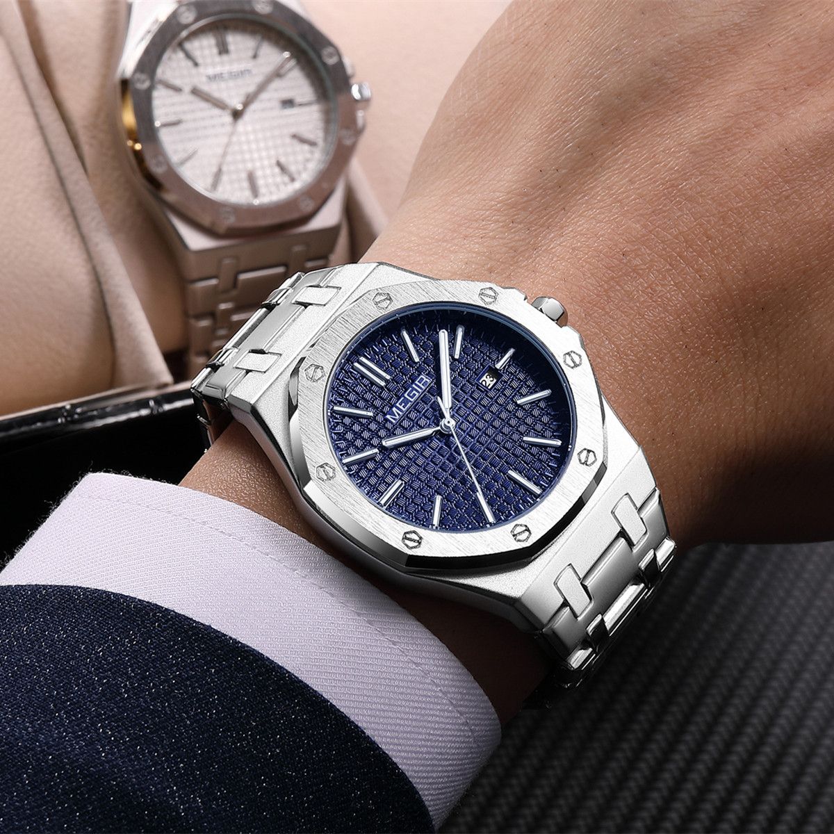MEGIR 1085 men's watch on the wrist, blue textured dial and octagonal bezel on a silver-tone bracelet