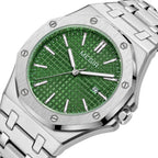 MEGIR 1085 men's watch, green textured dial and octagonal bezel on a silver-tone bracelet, three-quarter view