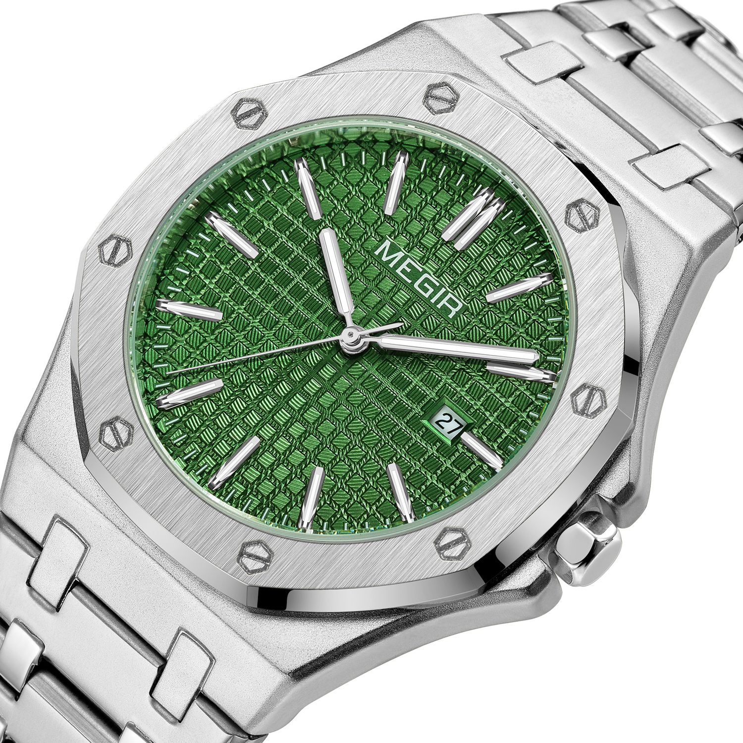 MEGIR 1085 men's watch, green textured dial and octagonal bezel on a silver-tone bracelet, three-quarter view