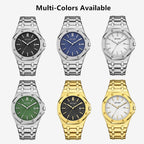 MEGIR 1085 men's watch color range with black, blue, white and green dials on silver-tone and gold-tone bracelets