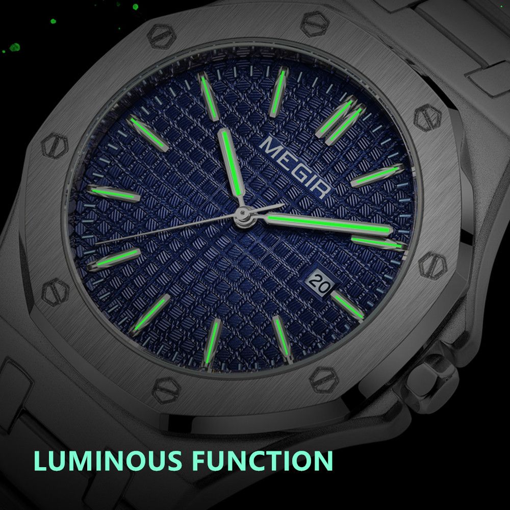 MEGIR 1085 men's watch feature graphic showing luminous hands and markers glowing in the dark