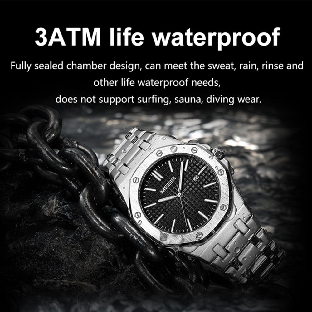 MEGIR 1085 men's watch water-resistance graphic noting protection from sweat, rain and rinsing