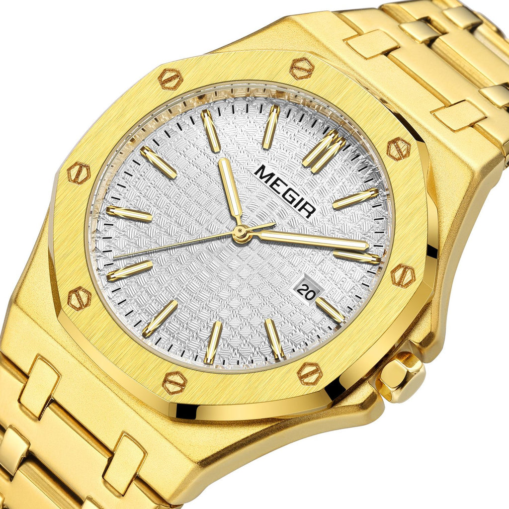 MEGIR 1085 men's watch, white textured dial and octagonal bezel on a gold-tone bracelet, three-quarter view