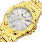 MEGIR 1085 men's watch, white textured dial and octagonal bezel on a gold-tone bracelet, three-quarter view