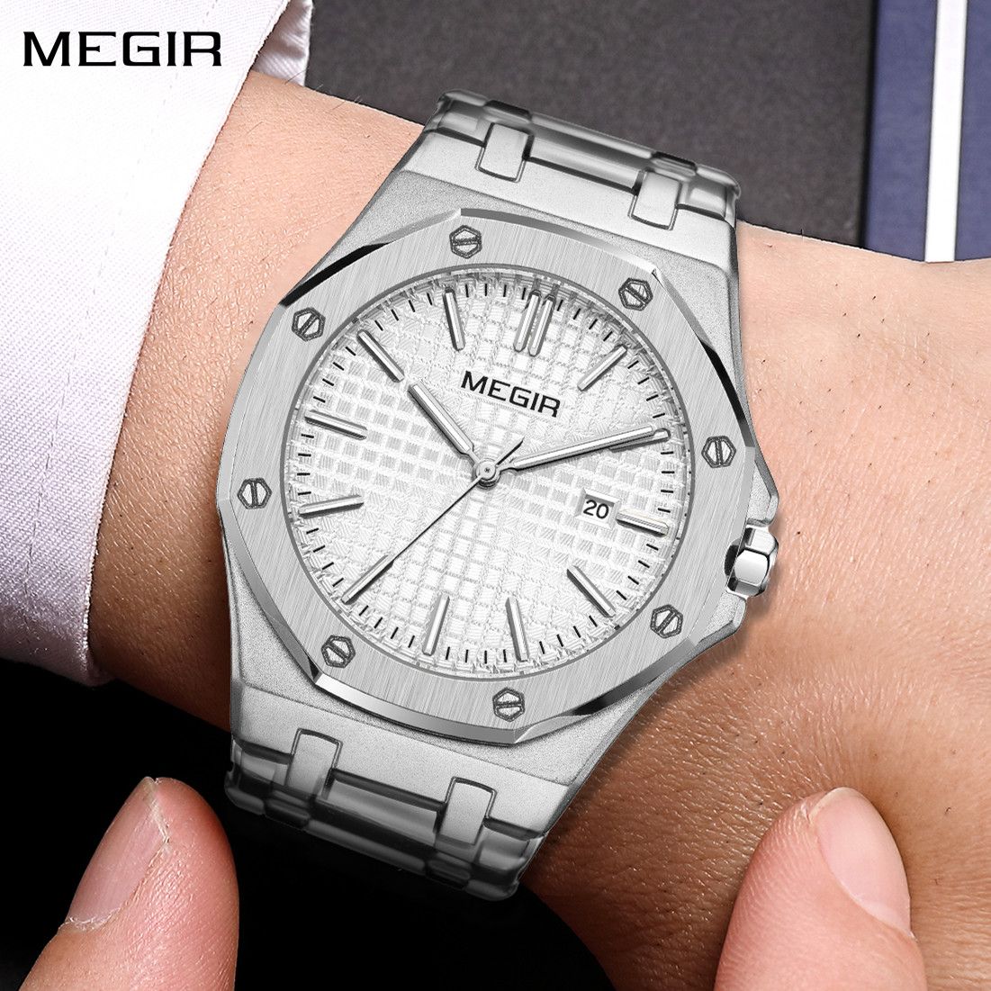 MEGIR 1085 men's watch, white textured dial and octagonal bezel on a silver-tone bracelet, front wrist view