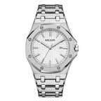 MEGIR 1085 men's watch, white textured dial and octagonal bezel on a silver-tone bracelet, front studio view