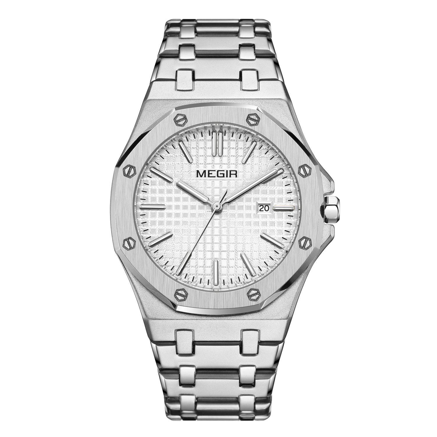 MEGIR 1085 men's watch, white textured dial and octagonal bezel on a silver-tone bracelet, front studio view