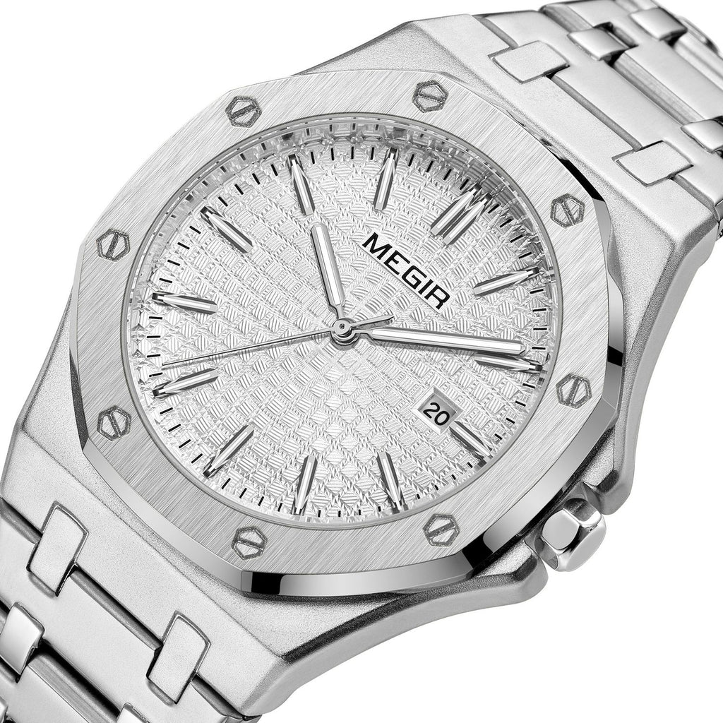 MEGIR 1085 men's watch, white textured dial and octagonal bezel on a silver-tone bracelet, three-quarter view