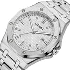MEGIR 1085 men's watch, white textured dial and octagonal bezel on a silver-tone bracelet, three-quarter view