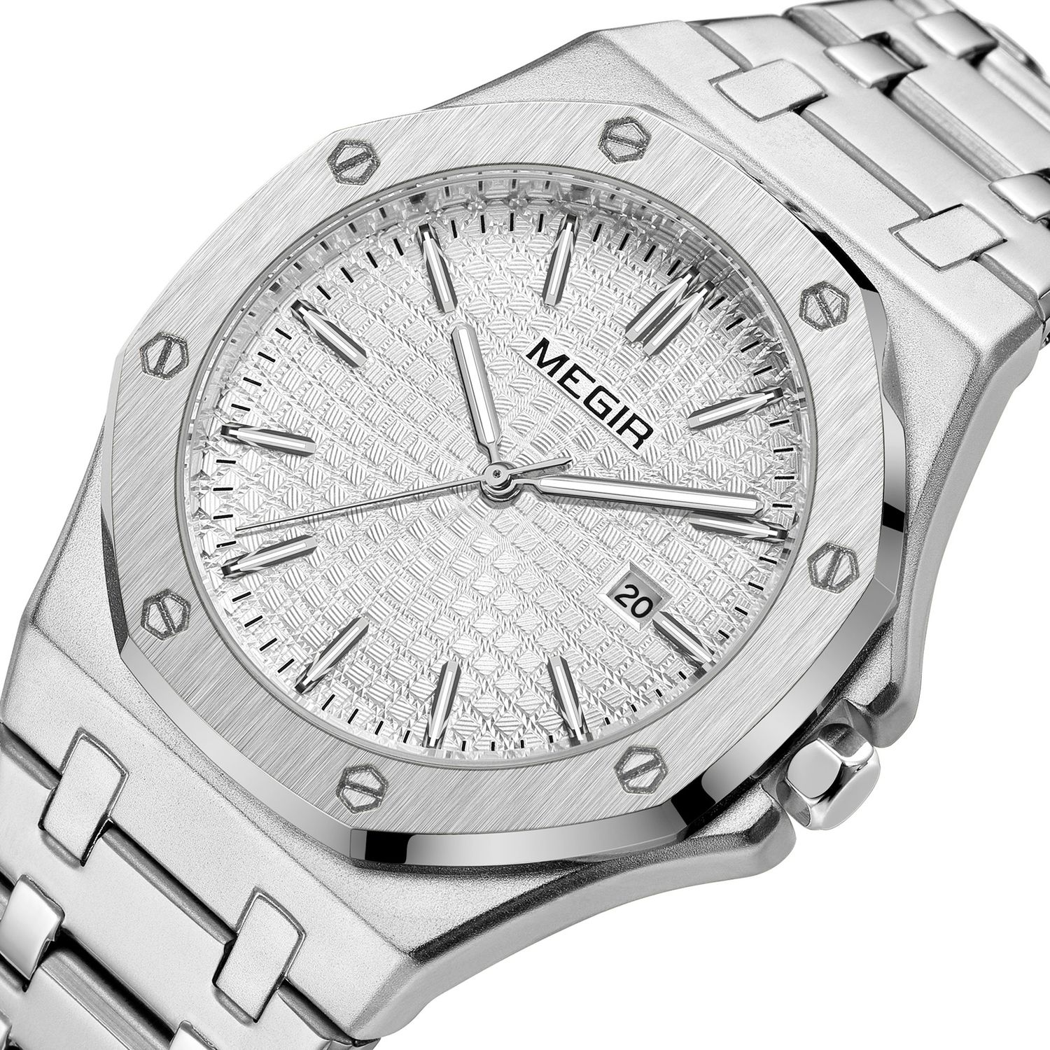 MEGIR 1085 men's watch, white textured dial and octagonal bezel on a silver-tone bracelet, three-quarter view