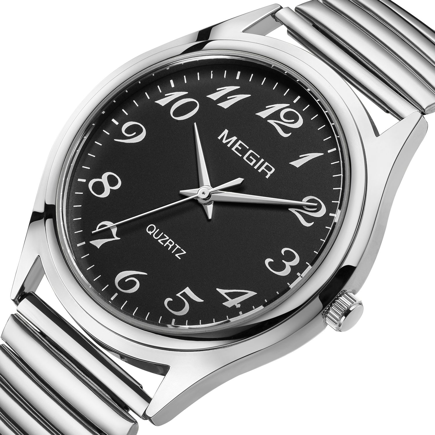 MEGIR 1088 unisex watch, silver-tone case with black Arabic-numeral dial and stretch bracelet, angled view