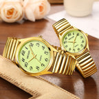 MEGIR 1088 unisex watch pair in gold-tone with luminous green Arabic-numeral dials and stretch bracelets