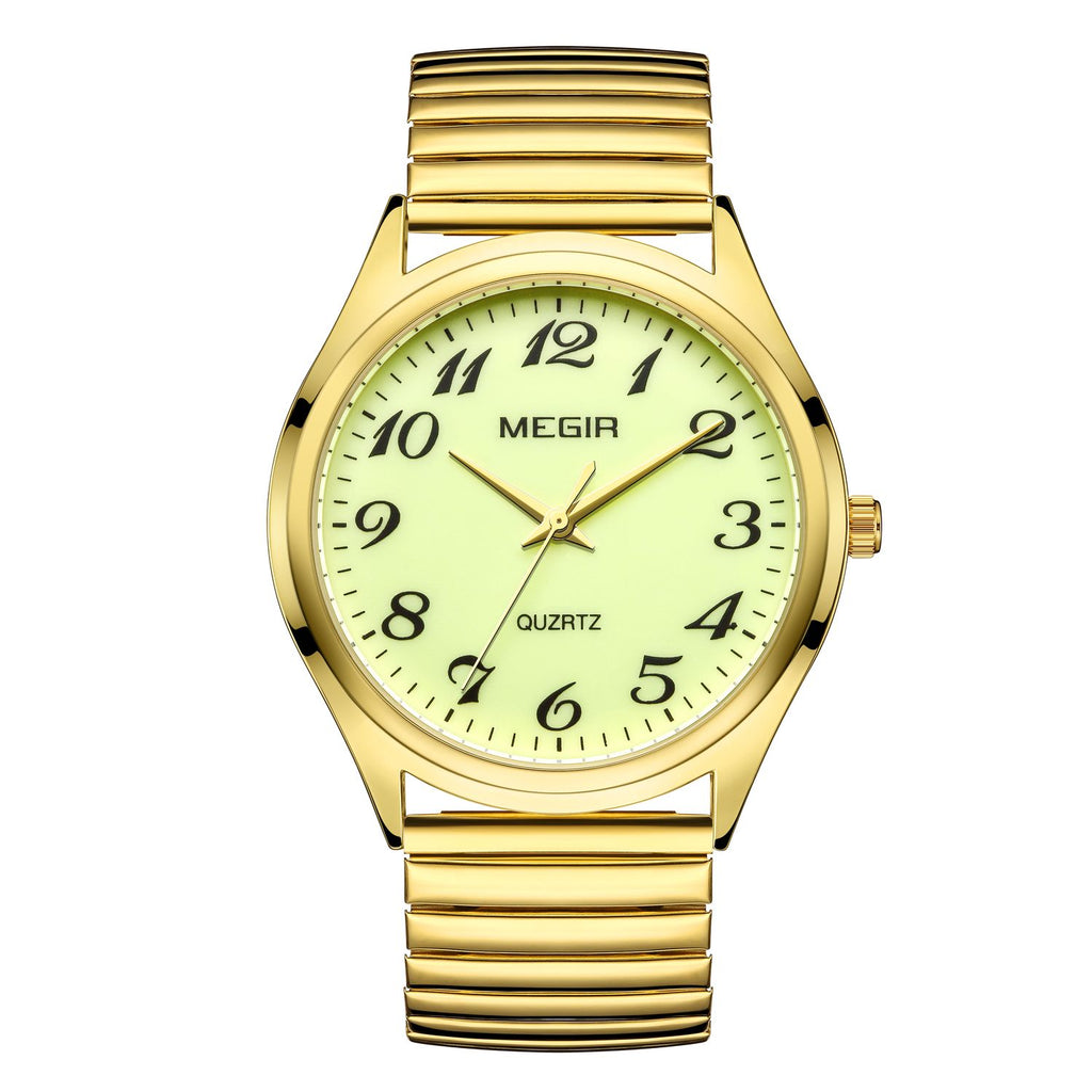 MEGIR 1088 unisex watch, gold-tone case with luminous green Arabic-numeral dial and stretch bracelet, front view