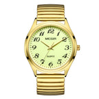 MEGIR 1088 unisex watch, gold-tone case with luminous green Arabic-numeral dial and stretch bracelet, front view