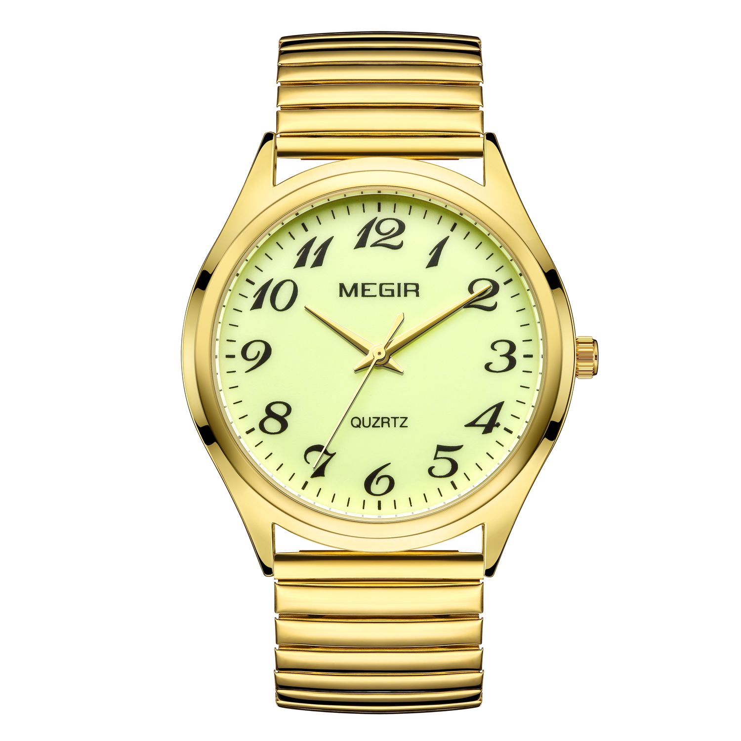 MEGIR 1088 unisex watch, gold-tone case with luminous green Arabic-numeral dial and stretch bracelet, front view