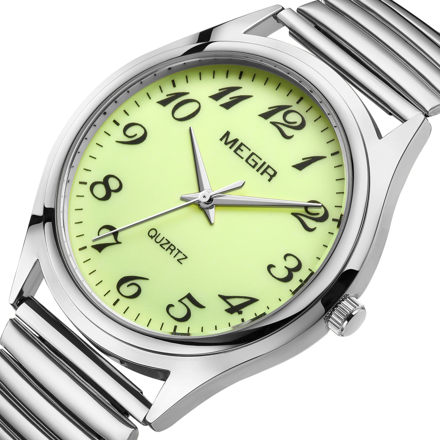 MEGIR 1088 unisex watch, silver-tone case with luminous green Arabic-numeral dial, three-quarter view