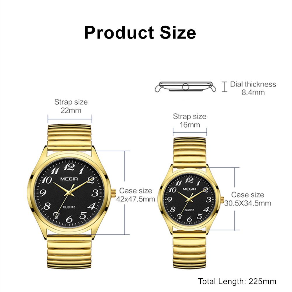 MEGIR 1088 unisex watch product size graphic showing the larger and smaller case dimensions