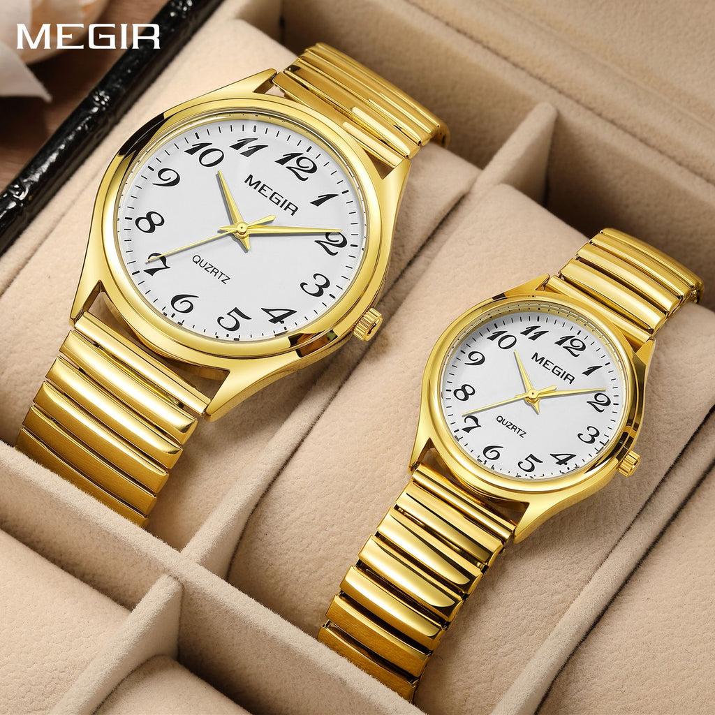 MEGIR 1088 unisex watch pair in gold-tone with white Arabic-numeral dials and stretch bracelets, front view