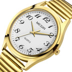 MEGIR 1088 unisex watch, gold-tone case with white Arabic-numeral dial and stretch bracelet, angled view