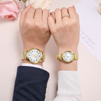 MEGIR 1088 unisex watch pair on the wrist in gold-tone with white Arabic-numeral dials and stretch bracelets