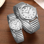 MEGIR 1088 unisex watch pair in silver-tone with white Arabic-numeral dials and stretch bracelets